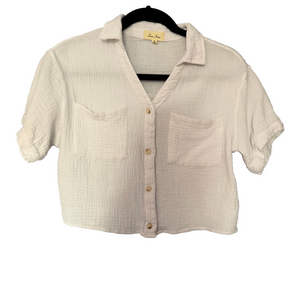 Love Notes White Stripe Cropped Button-Down Linen Top Size Medium